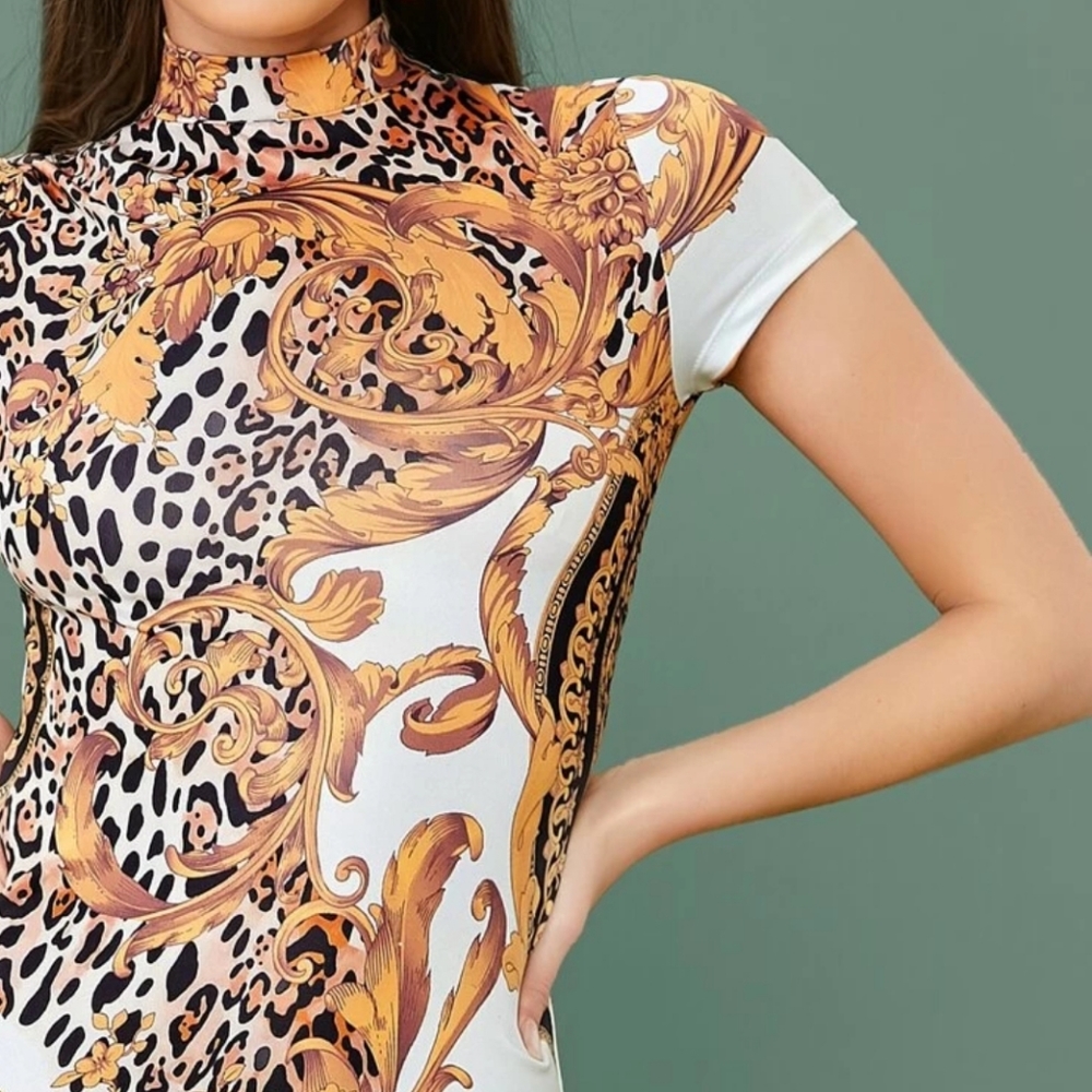 Elegant Multicolor Scarf Print Bodycon Dress - Picture 3 of 7